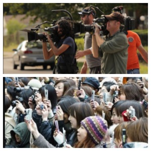 Above, video footage was captured by a skilled professional camera crew before smart technology was introduced. Below, a camera crew now consists of a fleet of everyday fans with smart phones. 